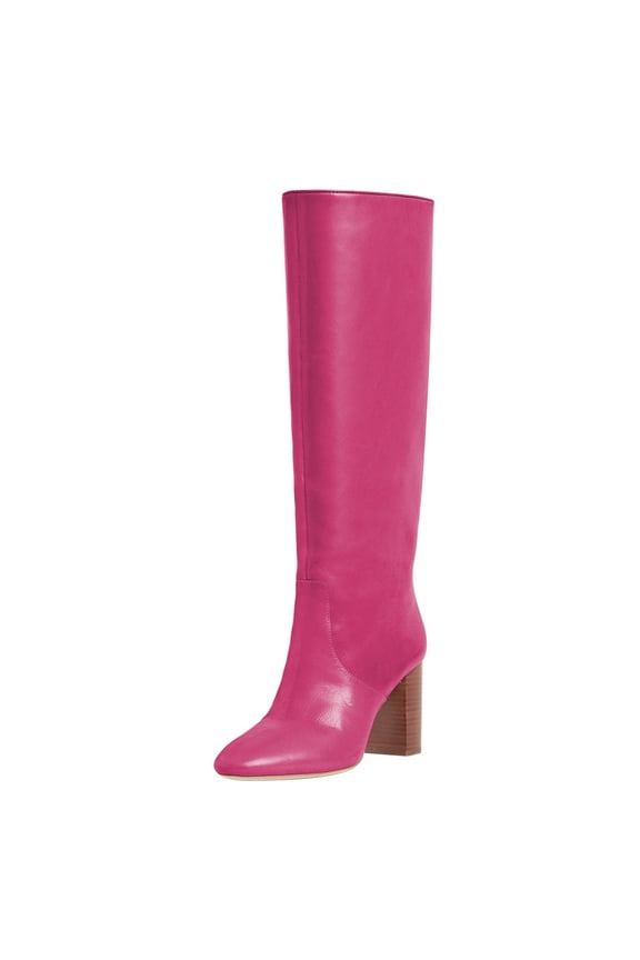 Women Classic Knee High Boots Stretch Pull On Round Closed Toe Long Boots Chunky High Heel Wide Calf Ladies Dress Party Shoes Size 16 Deep Pink