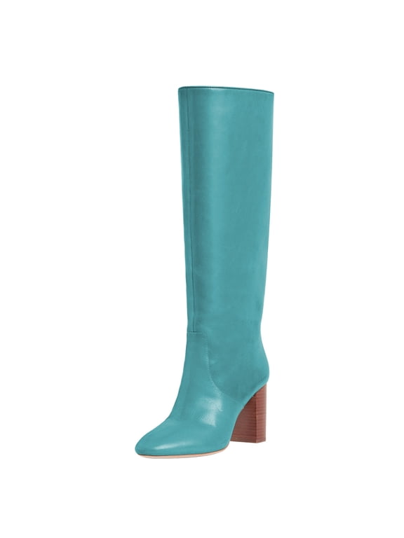 Women Classic Knee High Boots Stretch Pull On Round Closed Toe Long Boots Chunky High Heel Wide Calf Ladies Dress Party Shoes Size 8 Blue