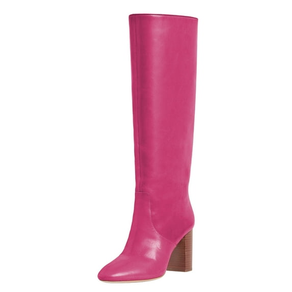 FSJ Women Classic Knee High Boots Stretch Pull On Round Closed Toe Long Boots Chunky High Heel Wide Calf Ladies Dress Party Shoes Size 8 Deep Pink