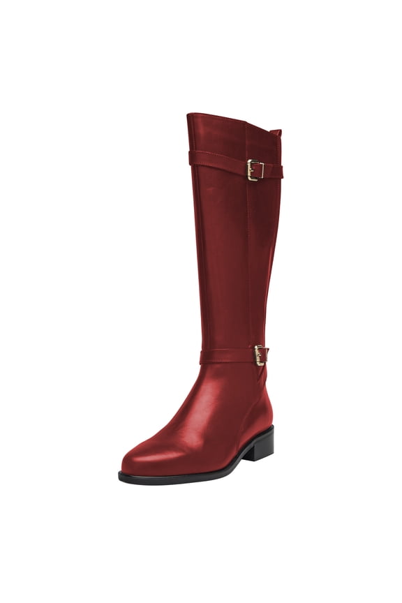Women Classic Knee High Riding Boots Round Closed Toe Stacked Low Heel Side Zip Buckle Stretch Fall Winter Long Boots Shoes Size 13 Red