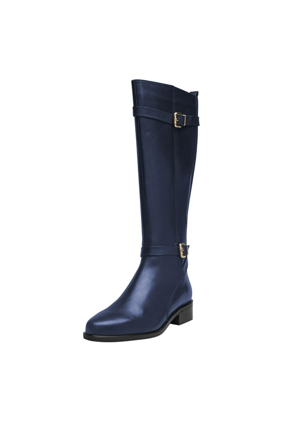 Women Classic Knee High Riding Boots Round Closed Toe Stacked Low Heel Side Zip Buckle Stretch Fall Winter Long Boots Shoes Size 6.5 Blue