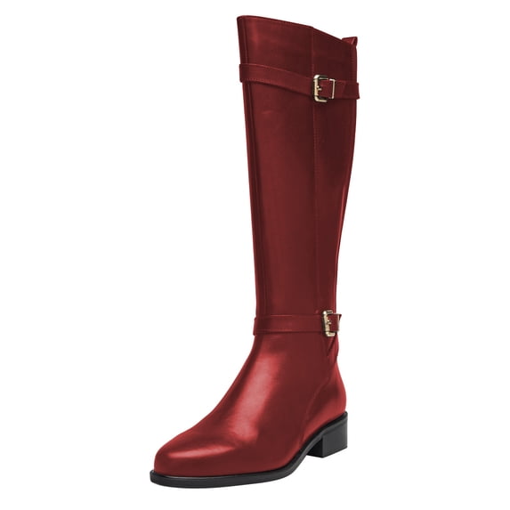 FSJ Women Classic Knee High Riding Boots Round Closed Toe Stacked Low Heel Side Zip Buckle Stretch Fall Winter Long Boots Shoes Size 8.5 Red