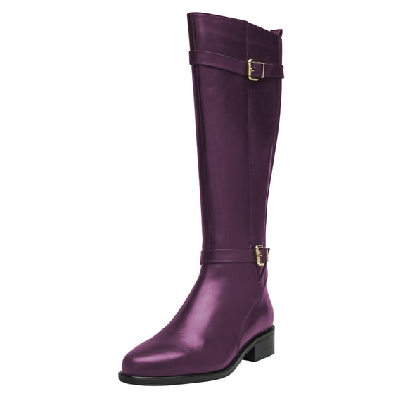 FSJ Women Classic Knee High Riding Boots Round Closed Toe Stacked Low Heel Side Zip Buckle Stretch Fall Winter Long Boots Shoes Size 8 Purple