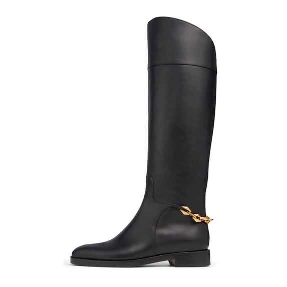 FSJ Women Classic Knee High Riding Boots Round Closed Toe Back Gold Tone Chain Wide Calf Flat Low Heel Size 13 Black