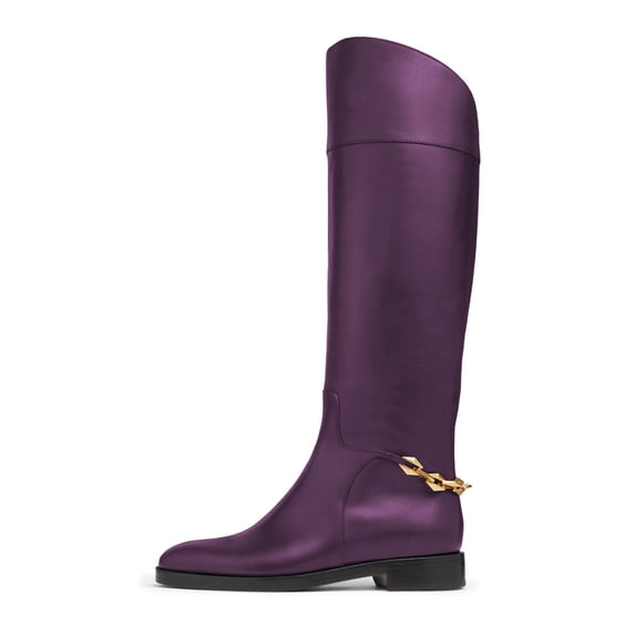 FSJ Women Classic Knee High Riding Boots Round Closed Toe Back Gold Tone Chain Wide Calf Flat Low Heel Size 13 Purple
