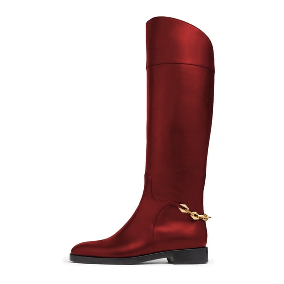 FSJ Women Classic Knee High Riding Boots Round Closed Toe Back Gold Tone Chain Wide Calf Flat Low Heel Size 9.5 Red