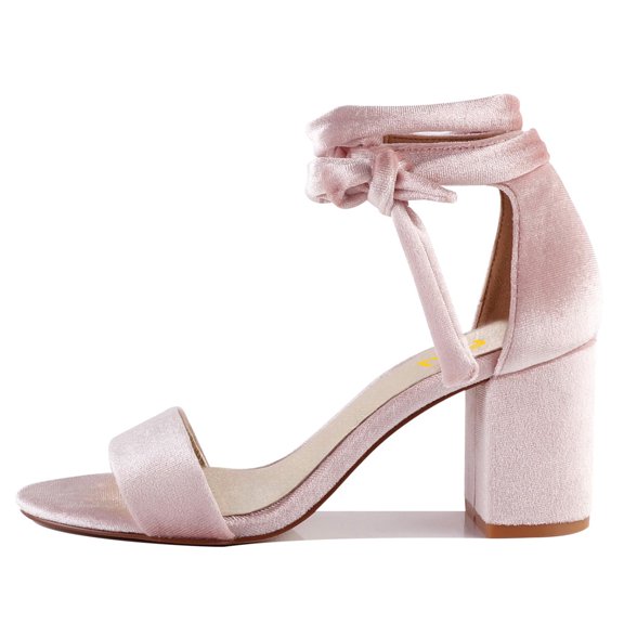 FSJ Women Classic Lace Up Round Open Toe Sandals Chunky Block High Heel Pumps Velvet Ankle Tie Comfort Party Dress Shoes Size 10.5 Pink