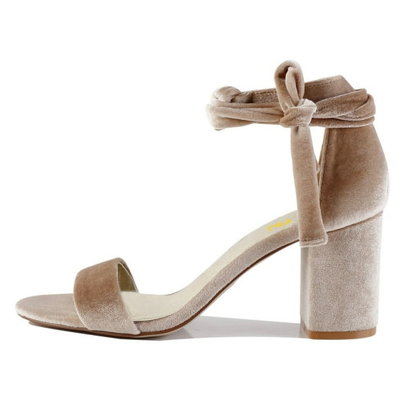 FSJ Women Classic Lace Up Round Open Toe Sandals Chunky Block High Heel Pumps Velvet Ankle Tie Comfort Party Dress Shoes Size 10 Brown