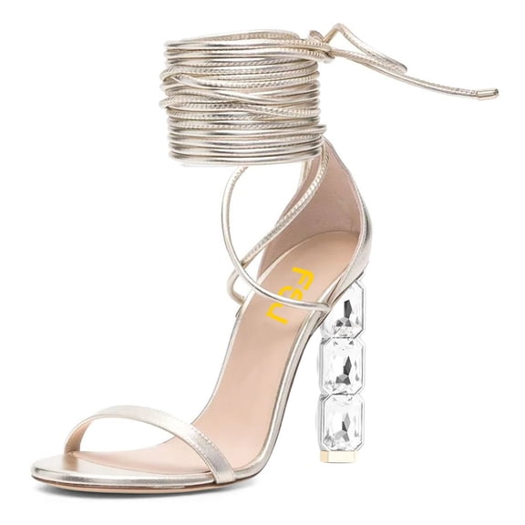 FSJ Women Classic Open Round Toe Lace up Sandals Thin Band Crystal Beads High Heeled Pumps Wedding Dressy Daily Wear Bowknot Shoes Size 8 Silver Metallic