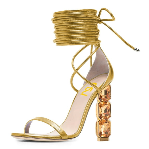 FSJ Women Classic Open Round Toe Lace up Sandals Thin Band Crystal Beads High Heeled Pumps Wedding Dressy Daily Wear Bowknot Shoes Size 4 Yellow