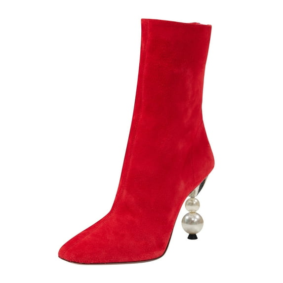 FSJ Women Classic Pearl High Heel Ankle Boots Square Closed Toe Back Zipper Stretch Booties Party Dress Casual Shoes Size 11 Red