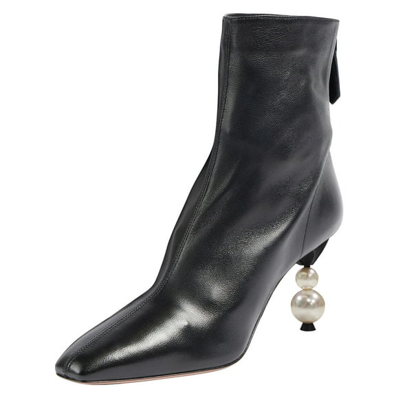 FSJ Women Classic Pearl High Heel Ankle Boots Square Closed Toe Back Zipper Stretch Booties Party Dress Casual Shoes Size 4 Black