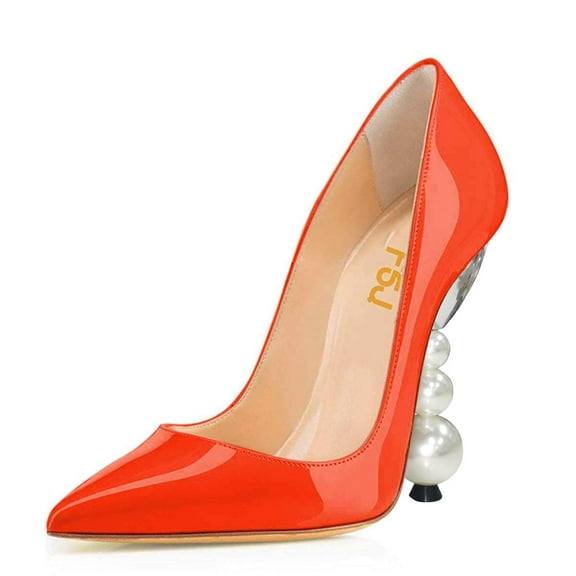 FSJ Women Classic Pearls Block High Heels Pumps Pointed Closed Toe Slip On Ladies Office Party Sexy Dressy Slide Shoes Size 10 Orange