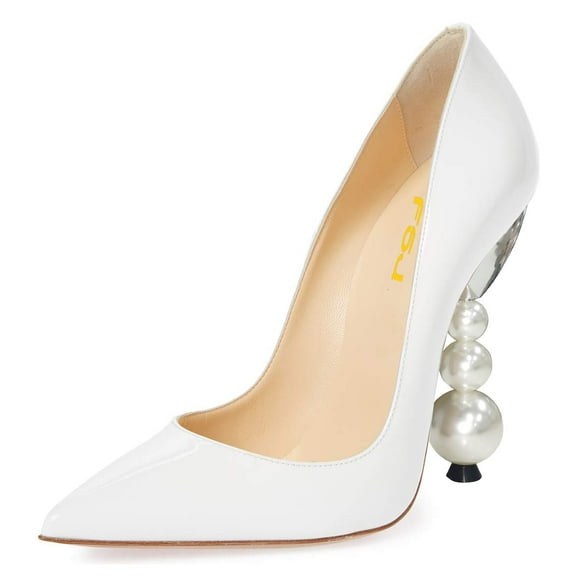 FSJ Women Classic Pearls Block High Heels Pumps Pointed Closed Toe Slip On Ladies Office Party Sexy Dressy Slide Shoes Size 10 White