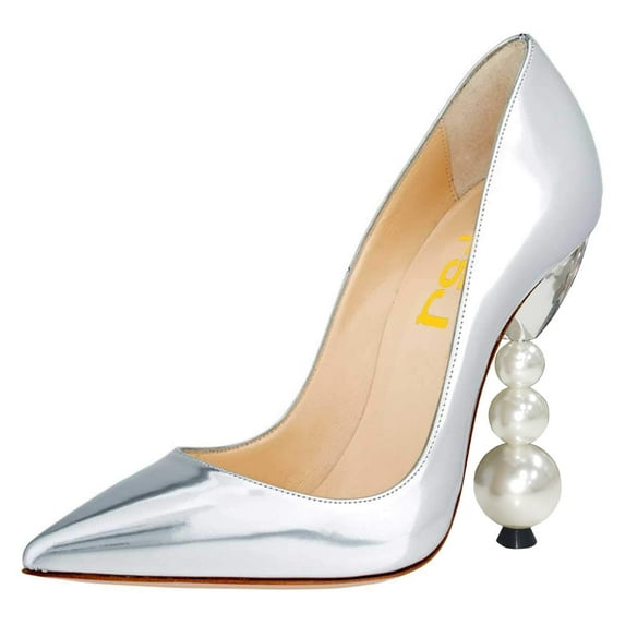 FSJ Women Classic Pearls Block High Heels Pumps Pointed Closed Toe Slip On Ladies Office Party Sexy Dressy Slide Shoes Size 12 Silver