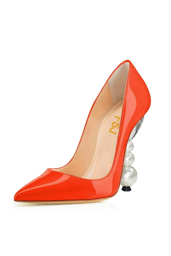 Women Classic Pearls Block High Heels Pumps Pointed Closed Toe Slip On Ladies Office Party Sexy Dressy Slide Shoes Size 8 Orange