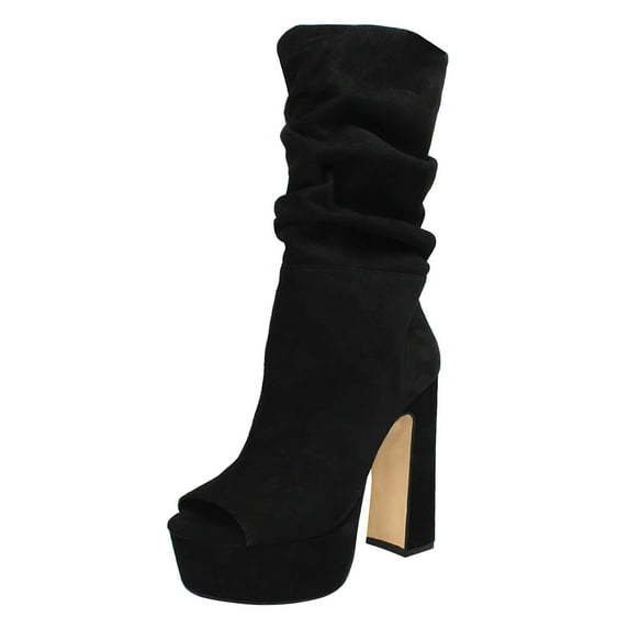 FSJ Women Classic Peep Open Toe Slouch Ankle Boots Platform Chunky Block High Heels Bootie Pull On Office Fashion Shoes Size 13 Black