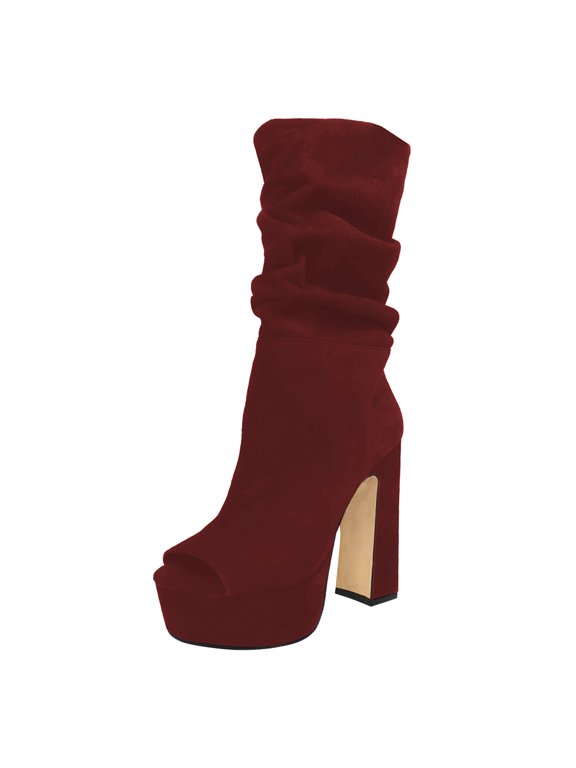 Women Classic Peep Open Toe Slouch Ankle Boots Platform Chunky Block High Heels Bootie Pull On Office Fashion Shoes Size 8.5 Red