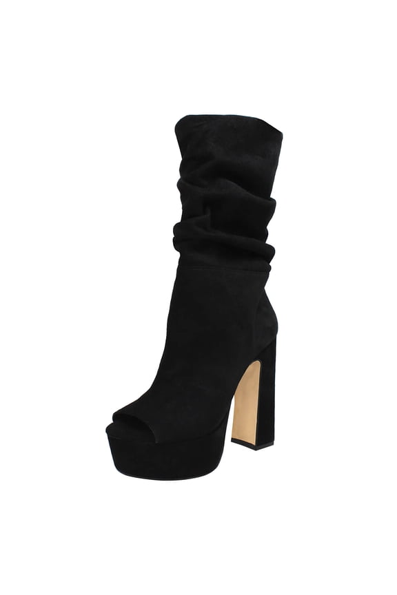 Women Classic Peep Open Toe Slouch Ankle Boots Platform Chunky Block High Heels Bootie Pull On Office Fashion Shoes Size 9 Black