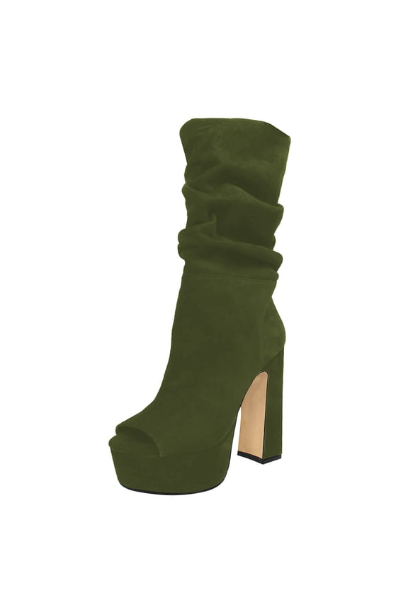 Women Classic Peep Open Toe Slouch Ankle Boots Platform Chunky Block High Heels Bootie Pull On Office Fashion Shoes Size 9 Green
