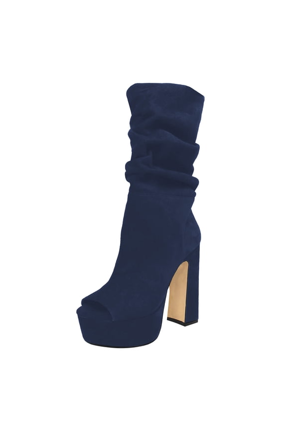 Women Classic Peep Open Toe Slouch Ankle Boots Platform Chunky Block High Heels Bootie Pull On Office Fashion Shoes Size 9 Navy
