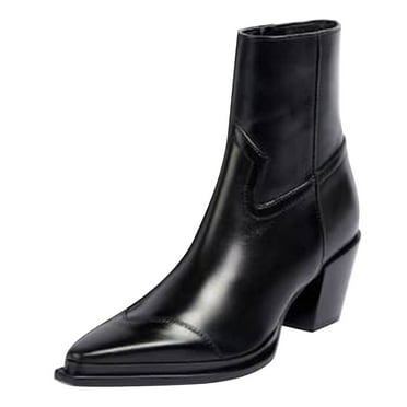 FSJ Women Classic Pointed Closed Toe Ankle Booties Stacked Chunky Mid Heel Side Zipper Short Boots Stylish Office Dress Shoes Size 8 Black