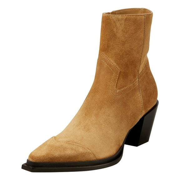 FSJ Women Classic Pointed Closed Toe Ankle Booties Stacked Chunky Mid Heel Side Zipper Short Boots Stylish Office Dress Shoes Size 9 Brown