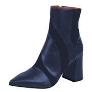 FSJ Women Classic Pointed Closed Toe Ankle Boots Chunky Block Heel Side Zipper Short Booties Stylish Dressy Shoes Size 8 Blue