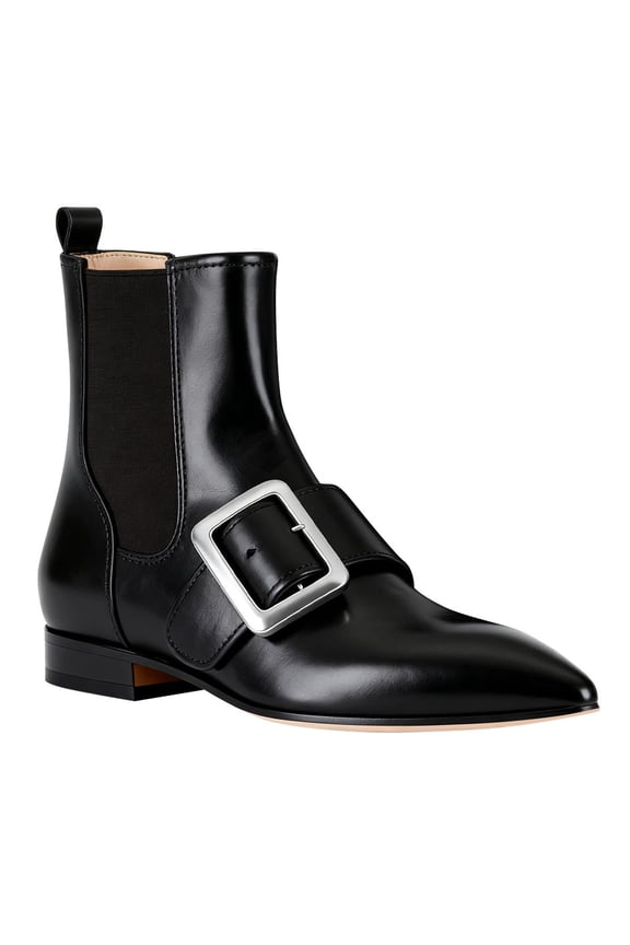 Women Classic Pointed Closed Toe Chelsea Booties Strap Buckle Flats Ankle Boots Low Heel Fashion Shoes Size 4 Black