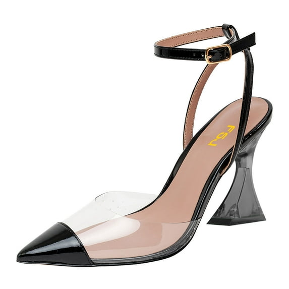 FSJ Women Classic Pointed Closed Toe Pumps Clear Chunky Block High Heel Ankle Strap Sandals Comfort Daily Work Shoes Size 8 Black