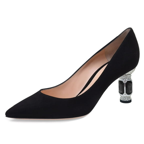 FSJ Women Classic Pointed Closed Toe Slip On Pumps Crystal Chunky Block Mid Heel Bridal Party Wedding Dress Shoes Size 12 Black