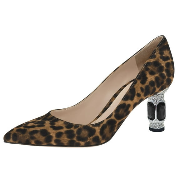 FSJ Women Classic Pointed Closed Toe Slip On Pumps Crystal Chunky Block Mid Heel Bridal Party Wedding Dress Shoes Size 13 Leopard