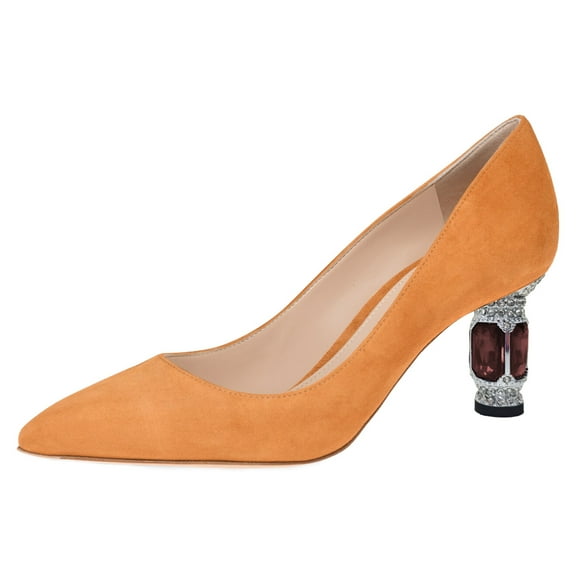 FSJ Women Classic Pointed Closed Toe Slip On Pumps Crystal Chunky Block Mid Heel Bridal Party Wedding Dress Shoes Size 8.5 Orange