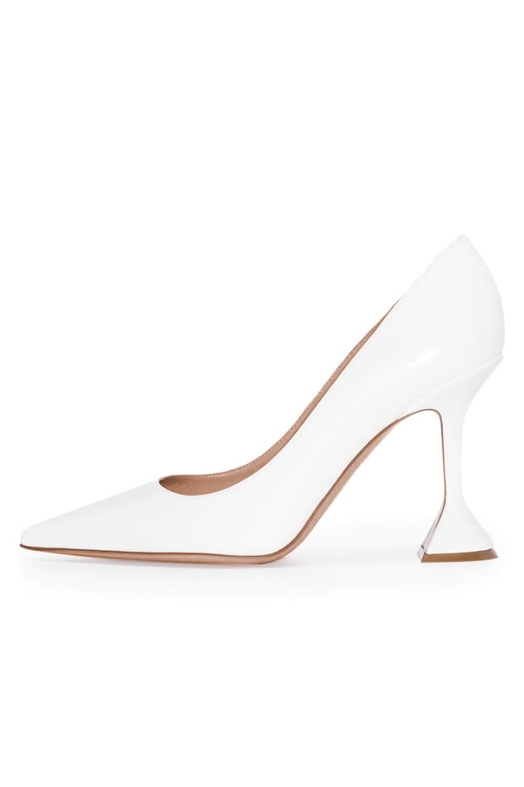 Women Classic Pointed Closed Toe Slip On Pumps Unique Flared High Heel Sexy Ladies Party Wedding Office Basic Dress Shoes Size 9 White