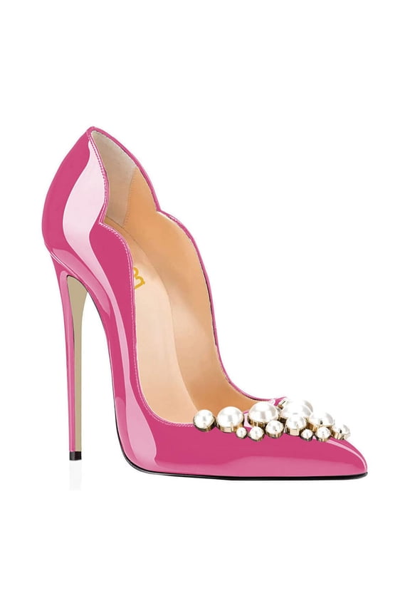 Women Classic Pointed Toe Dress Pumps with Pearl Studded Sexy Stiletto Slip On High Heels Formal Shoes Size 9 Pink