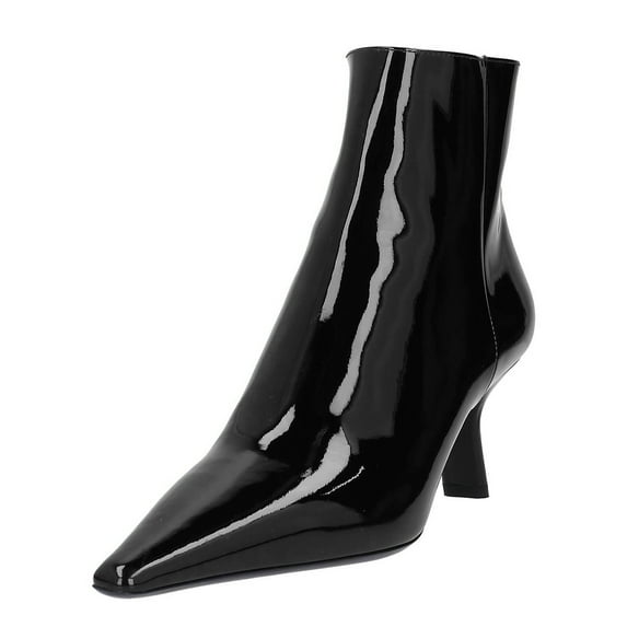 FSJ Women Classic Pointy Closed Toe Ankle Boots Slanted Kitten Mid Heel Side Zipper Short Booties Glossy Dressy Shoes Size 10 Black