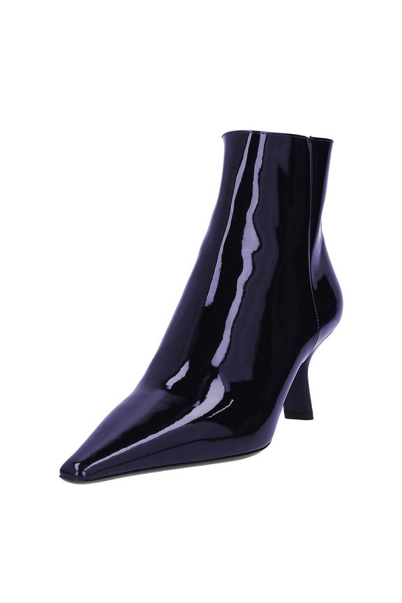 Women Classic Pointy Closed Toe Ankle Boots Slanted Kitten Mid Heel Side Zipper Short Booties Glossy Dressy Shoes Size 4 Navy