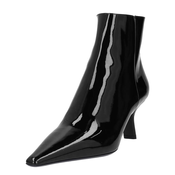 FSJ Women Classic Pointy Closed Toe Ankle Boots Slanted Kitten Mid Heel Side Zipper Short Booties Glossy Dressy Shoes Size 9.5 Black