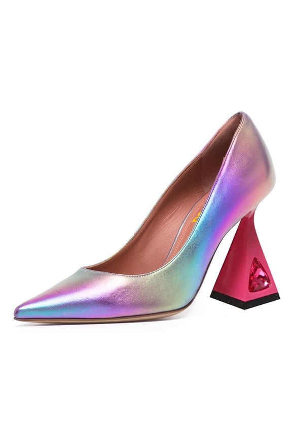 Women Classic Pointy Toe Crystal Flared High Heel Pumps Closed Toe Slip-On Party Wedding Office Dress Shoes Size 5 Multiclor