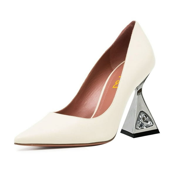 FSJ Women Classic Pointy Toe Crystal Flared High Heel Pumps Closed Toe Slip-On Party Wedding Office Dress Shoes Size 9.5 White