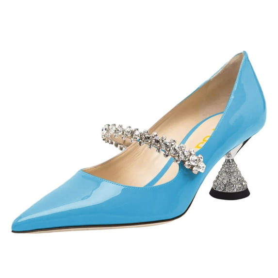 FSJ Women Classic Rhinestone Flared Low Heel One Strap Pumps Pointed Closed Toe Slip On Comfortable Office Wedding Dance Dress Shoes Size 10.5 Blue