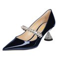thumbnail image 1 of FSJ Women Classic Rhinestone Flared Low Heel One Strap Pumps Pointed Closed Toe Slip On Comfortable Office Wedding Dance Dress Shoes Size 8 Dark Blue, 1 of 4