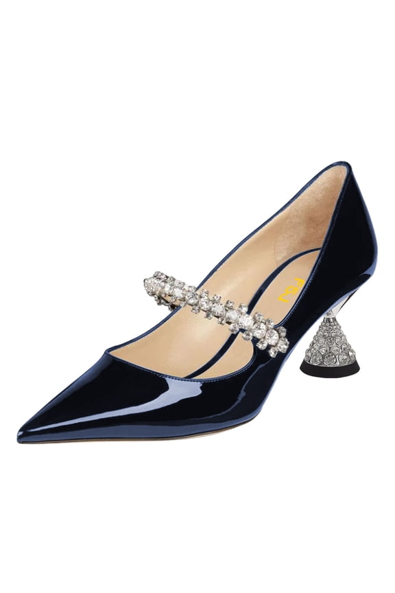 Women Classic Rhinestone Flared Low Heel One Strap Pumps Pointed Closed Toe Slip On Comfortable Office Wedding Dance Dress Shoes Size 8 Dark Blue
