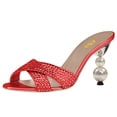 thumbnail image 1 of FSJ Women Classic Rhinestone Open Peep Toe Pearls Heel Sandals Cross Strap Mule Slip On Wedding Party High Heel Slippers Shoes Size 10 Red, 1 of 5