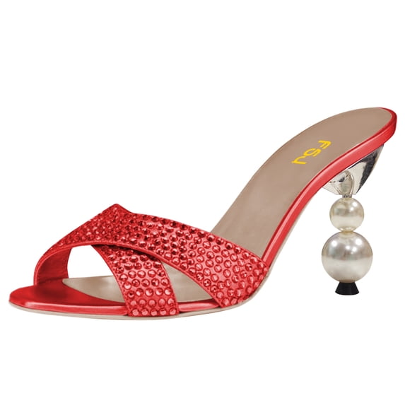 FSJ Women Classic Rhinestone Open Peep Toe Pearls Heel Sandals Cross Strap Mule Slip On Wedding Party High Heel Slippers Shoes Size 10 Red