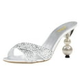 thumbnail image 1 of FSJ Women Classic Rhinestone Open Peep Toe Pearls Heel Sandals Cross Strap Mule Slip On Wedding Party High Heel Slippers Shoes Size 12 Silver, 1 of 5