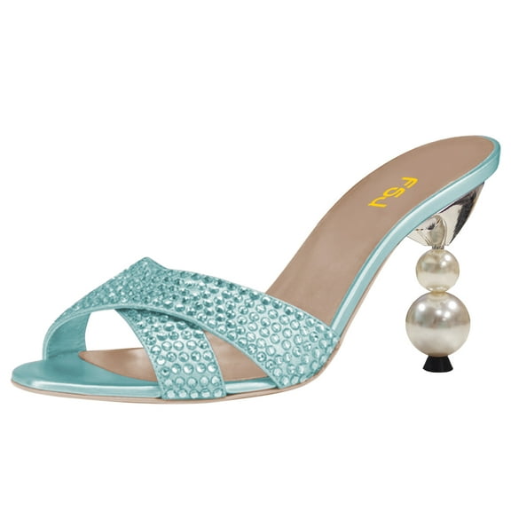 FSJ Women Classic Rhinestone Open Peep Toe Pearls Heel Sandals Cross Strap Mule Slip On Wedding Party High Heel Slippers Shoes Size 15 Blue