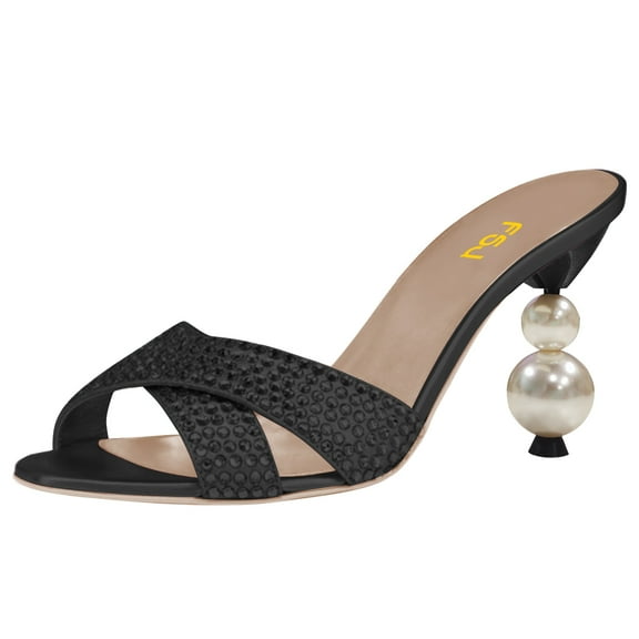 FSJ Women Classic Rhinestone Open Peep Toe Pearls Heel Sandals Cross Strap Mule Slip On Wedding Party High Heel Slippers Shoes Size 16 Black