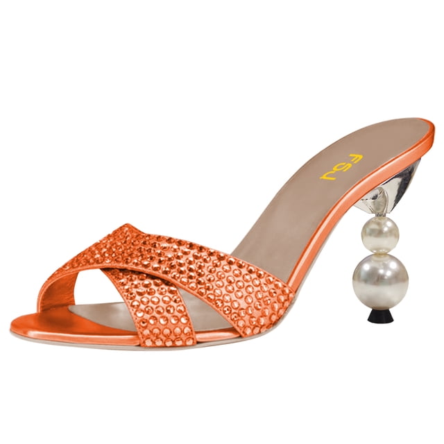 FSJ Women Classic Rhinestone Open Peep Toe Pearls Heel Sandals Cross Strap Mule Slip On Wedding Party High Heel Slippers Shoes Size 6 Orange