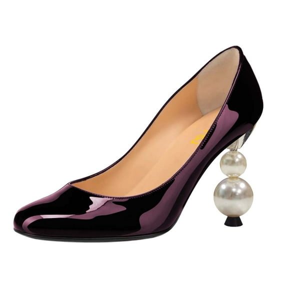 FSJ Women Classic Round Closed Toe Pumps Slip On Pearl Beadded Chunky High Heel Patent Leather Office Party Dressy Shoes Size 16 Purple